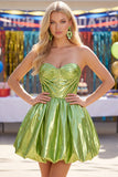 Vestido de Finalistas de Finalistas Verde Verde Metálico, Linha A, Espartilho Franzido