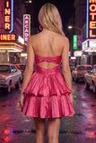 Vestido de finalistas de finalistas em camadas verde metálico em linha A