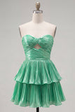 Vestido de finalistas de finalistas em camadas verde metálico em linha A