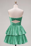 Vestido de finalistas de finalistas em camadas verde metálico em linha A