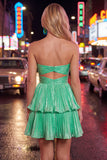 Vestido de finalistas de finalistas em camadas verde metálico em linha A
