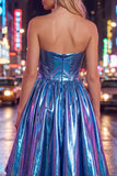 Vestido de Finalistas Asimétricos Azul Azul Metálico A-Line Sweetheart Alineado