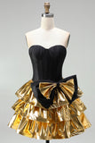 Vestido de Finalistas de Finalistas Preto Preto com Espartilho Dourado e Laço