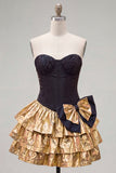 Vestido de Finalistas de Finalistas Preto Preto com Espartilho Dourado e Laço