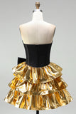 Vestido de Finalistas de Finalistas Preto Preto com Espartilho Dourado e Laço
