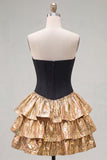 Vestido de Finalistas de Finalistas Preto Preto com Espartilho Dourado e Laço