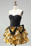 Vestido de Finalistas de Finalistas Preto Preto com Espartilho Dourado e Laço