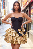 Vestido de Finalistas de Finalistas Preto Preto com Espartilho Dourado e Laço