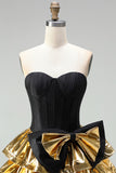 Vestido de Finalistas de Finalistas Preto Preto com Espartilho Dourado e Laço