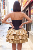 Vestido de Finalistas de Finalistas Preto Preto com Espartilho Dourado e Laço
