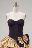 Vestido de Finalistas de Finalistas Preto Preto com Espartilho Dourado e Laço