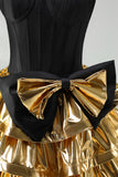 Vestido de Finalistas de Finalistas Preto Preto com Espartilho Dourado e Laço