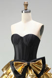 Vestido de Finalistas de Finalistas Preto Preto com Espartilho Dourado e Laço