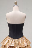 Vestido de Finalistas de Finalistas Preto Preto com Espartilho Dourado e Laço