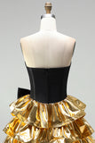 Vestido de Finalistas de Finalistas Preto Preto com Espartilho Dourado e Laço