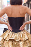 Vestido de Finalistas de Finalistas Preto Preto com Espartilho Dourado e Laço