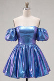 Vestido de Finalistas Azul A-Line Metálico de Ombros Descobertos com Mangas Bufantes