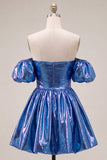 Vestido de Finalistas Azul A-Line Metálico de Ombros Descobertos com Mangas Bufantes