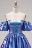 Vestido de Finalistas Azul A-Line Metálico de Ombros Descobertos com Mangas Bufantes