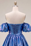 Vestido de Finalistas Azul A-Line Metálico de Ombros Descobertos com Mangas Bufantes