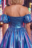 Vestido de Finalistas Azul A-Line Metálico de Ombros Descobertos com Mangas Bufantes