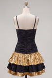 Vestido preto dourado com alças finas em camadas e laço