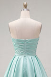 Vestido de Finalistas Mint A-Line Cetim Sem Alças e Franzidos