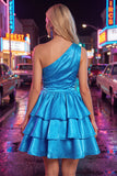 Vestido de regresso ao lar rosa, linha em A, de um ombro, chiffon franzido e com bordas