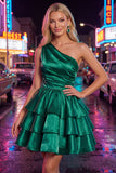 Vestido de regresso ao lar rosa, linha em A, de um ombro, chiffon franzido e com bordas