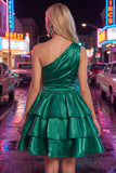 Vestido de regresso ao lar rosa, linha em A, de um ombro, chiffon franzido e com bordas