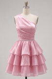 Vestido de regresso ao lar rosa, linha em A, de um ombro, chiffon franzido e com bordas