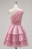 Vestido de regresso ao lar rosa, linha em A, de um ombro, chiffon franzido e com bordas