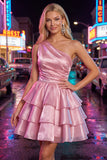 Vestido de regresso ao lar rosa, linha em A, de um ombro, chiffon franzido e com bordas