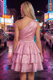 Vestido de regresso ao lar rosa, linha em A, de um ombro, chiffon franzido e com bordas