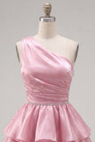 Vestido de regresso ao lar rosa, linha em A, de um ombro, chiffon franzido e com bordas