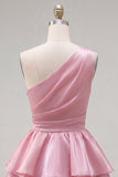Vestido de regresso ao lar rosa, linha em A, de um ombro, chiffon franzido e com bordas