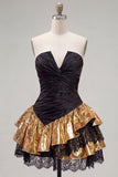 Vestido Curto de Regresso a Casa Preto Dourado, Linha A, em camadas, sem alças, com renda nas costas