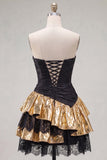 Vestido Curto de Regresso a Casa Preto Dourado, Linha A, em camadas, sem alças, com renda nas costas