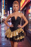 Vestido Curto de Regresso a Casa Preto Dourado, Linha A, em camadas, sem alças, com renda nas costas