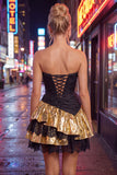 Vestido Curto de Regresso a Casa Preto Dourado, Linha A, em camadas, sem alças, com renda nas costas