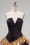 Vestido Curto de Regresso a Casa Preto Dourado, Linha A, em camadas, sem alças, com renda nas costas