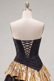 Vestido Curto de Regresso a Casa Preto Dourado, Linha A, em camadas, sem alças, com renda nas costas