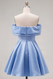 Vestido de Finalistas de Primavera em Cetim Franzido em Linha A Azul com Missangas