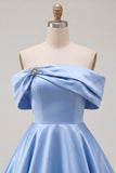 Vestido de Finalistas de Primavera em Cetim Franzido em Linha A Azul com Missangas