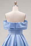 Vestido de Finalistas de Primavera em Cetim Franzido em Linha A Azul com Missangas