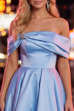 Vestido de Finalistas de Primavera em Cetim Franzido em Linha A Azul com Missangas