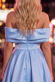 Vestido de Finalistas de Primavera em Cetim Franzido em Linha A Azul com Missangas