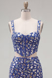 Vestido de Homecoming de 2 peças Bodycon Azul-Escuro com Strass