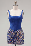 Vestido de Homecoming de Espartilho Bodycon Bodycon Azul-Escuro, Gola Quadrada, com Strass
