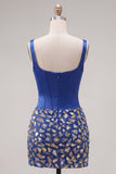 Vestido de Homecoming de Espartilho Bodycon Bodycon Azul-Escuro, Gola Quadrada, com Strass